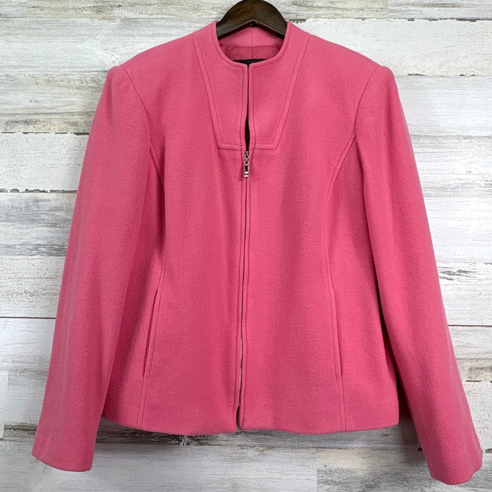 Requirements‎ Petite Pink Wool Blend Zip Front Collarless Blazer Jacket Size 14P